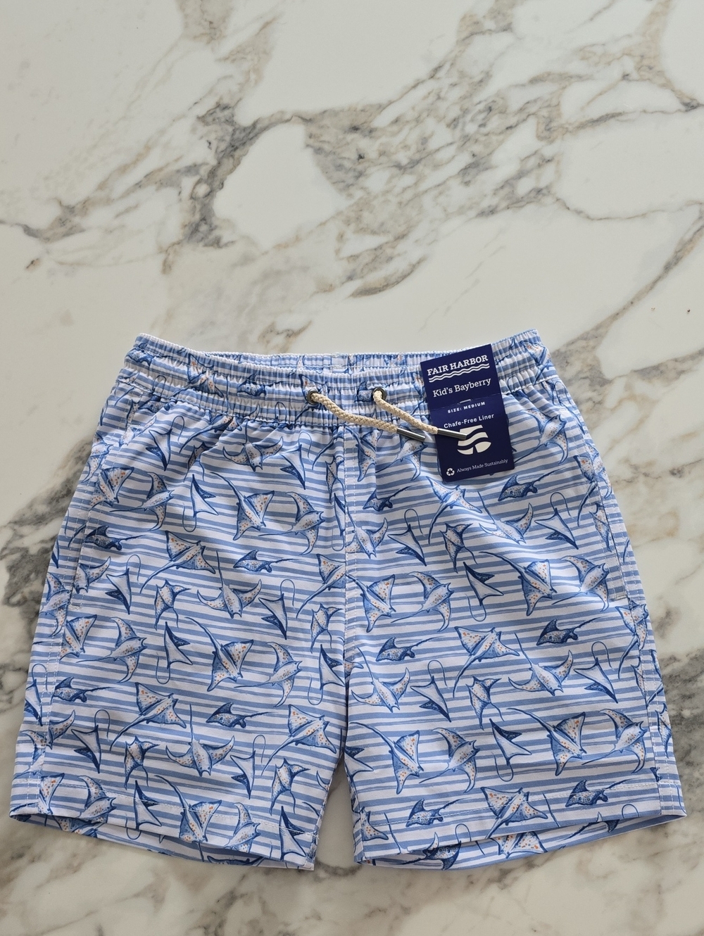 Fair Harbor Light Blue & White Manta Ray Swim Shorts For Boys